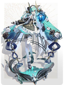 1girl aqua_hair black_dress black_eyes black_flower black_gloves black_rose blue_eyes dress flower gloves gosick goth_fashion gothic_lolita hatsune_miku heterochromia highres holding holding_lantern lantern lolita_fashion long_hair long_sleeves looking_at_viewer mahiru_mm open_mouth ring_hair_ornament rose single_thighhigh solo thighhighs twintails very_long_hair vocaloid white_flower white_rose white_thighhighs