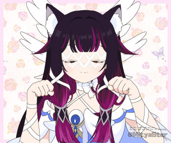 1girl animal_ear_fluff animal_ears cat_ears closed_eyes closed_mouth columbina_(genshin_impact) commentary dress eye_mask facing_viewer floral_background genshin_impact hands_up kemonomimi_mode low-tied_sidelocks mask mitya multicolored_hair paw_pose purple_hair sidelocks smile solo straight-on streaked_hair upper_body watermark white_dress white_wings wings