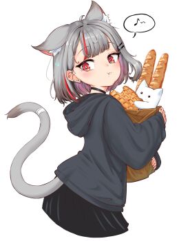 1girl animal_ear_fluff animal_ears bag baguette black_hoodie black_skirt bread cat_ears cat_girl cat_tail ear_piercing eating extra_ears food full_mouth grey_hair highres hood hood_down hoodie long_sleeves looking_at_viewer maro_(neneko_mashiro) multicolored_hair neneko_mashiro paper_bag piercing pink_hair red_eyes red_hair skirt sseonyu stellive streaked_hair tail virtual_youtuber waffle