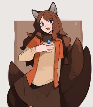 Rule 34 | 1girl, absurdres, animal ears, blue eyes, bright pupils, brown hair, brown scarf, brown shirt, brown skirt, commentary, dated, eyelashes, fangs, fox ears, fox girl, fox tail, hand on own chest, highres, jacket, kart prowler, kit (kart prowler), long hair, multiple tails, open clothes, open jacket, open mouth, orange jacket, original, scarf, shirt, signature, skirt, smile, solo, tail, teeth, upper teeth only, white pupils