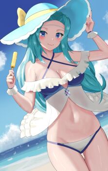 Rule 34 | 1girl, aqua hair, bare shoulders, beach, bikini, blue bikini, blue eyes, blue hair, blue hat, blue sky, blush, breasts, cleavage, closed mouth, cloud, collarbone, criss-cross halter, fiora (fire emblem), fiora (summer) (fire emblem), fire emblem, fire emblem: the blazing blade, fire emblem heroes, food, gluteal fold, halterneck, hat, highres, holding, holding food, holding popsicle, long hair, looking at viewer, medium breasts, navel, nintendo, ocean, official alternate costume, outdoors, popsicle, sky, smile, solo, stomach, sun hat, swimsuit, tarutaru193, water, white bikini, wristband