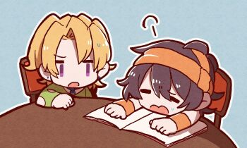 Rule 34 | 2boys, arm on table, black hair, blonde hair, blue background, book, chair, chibi, chibi only, closed eyes, clothing cutout, commentary, earrings, headband, highres, jewelry, jitome, jojo no kimyou na bouken, kasasagi (hinagi), long sleeves, male focus, multiple boys, narancia ghirga, necktie, open book, open mouth, outline, pannacotta fugo, puff of air, purple eyes, short hair, sweat, sweatband, symbol-only commentary, table, vento aureo, white outline