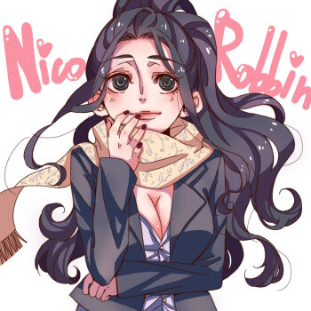 1girl black_hair black_jacket black_nails blush breasts character_name cleavage closed_mouth commentary highres jacket medusalan nico_robin one_piece ponytail sidelocks simple_background smile solo white_background