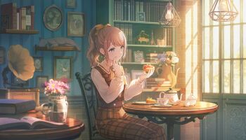 1girl :p animal baby's-breath beamed_eighth_notes belt bird biscuit_(bread) black_cat blue_eyes blue_flower blurry book book_stack book_stand bookshelf bouquet box brick_wall brooch brown_belt brown_hair brown_pants brown_vest bud buttons cat ceiling_light chair colorful_palette corner cosmos_(flower) creamer_(vessel) cup day depth_of_field dessert diagonal-striped_ribbon diamond_brooch diamond_earrings dot_nose drum earrings eating eiffel_tower eighth_note evening eyelashes facing_viewer feet_out_of_frame fingernails floral_print flower food forest fruit gem hair_ribbon half-closed_eyes hand_on_own_chin hand_on_own_face hands_up hanging_light happy_enjoy_music!_(project_sekai) high_ponytail highres holding holding_food indoors instrument jewelry leaf licking_lips light_bulb light_particles long_sleeves looking_at_food looking_down mason_jar mint mochizuki_honami model musical_note nature neck_ribbon official_alternate_costume official_alternate_hairstyle official_art on_chair open_book orange_(fruit) orange_flower orange_ribbon orange_rose orange_slice painting_(object) pants phonograph picture_frame pink_flower pitcher_(container) plaid_clothes plaid_pants plaid_vest plate ponytail project_sekai puffy_long_sleeves puffy_sleeves purple_flower purple_rose ribbon rose rose_print sailor_collar saucer shelf shirt sidelighting sidelocks single_horizontal_stripe sitting sleeping solo star_button striped_ribbon sugar_bowl sunlight swept_bangs syrup table tareme teacup teapot third-party_source tongue tongue_out toy_piano treble_clef vest vinyl_record wallpaper_(object) water wavy_hair white_flower white_rose white_sailor_collar white_shirt window