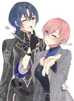 2girls black_gloves black_jacket black_nails black_shirt blowing_kiss blue_eyes blue_hair breasts closed_mouth commentary crossed_bangs finger_to_mouth fingerless_gloves fingernails gloves grey_jacket hair_between_eyes hand_on_another&#039;s_waist heart highres hiodoshi_ao hololive jacket large_breasts looking_at_viewer mole mole_under_mouth multiple_girls nail_polish one_eye_closed pink_hair pink_nails ringo_21_a shirt short_hair simple_background smile symbol-only_commentary takane_lui virtual_youtuber white_background