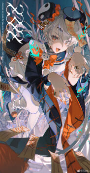 1girl absurdres animal_hood apron bamboo bamboo_forest bandaged_leg bandages bell black_hat black_kimono black_ribbon black_shoes blue_fire bow bowtie bright_pupils bun_cover chinese_commentary commentary_request commission dot_nose double_bun eyelashes eyes_visible_through_hair fang fingernails fire floating_clothes floating_hair flower_knot forest frilled_apron frills full_body grey_hair hair_bell hair_bun hair_ornament hair_over_one_eye hair_ribbon hairclip hat highres hood japanese_clothes jewelry jiangshi kimono long_hair long_sleeves looking_at_viewer low_twintails multiple_rings nail_polish nature ofuda ofuda_on_clothes open_mouth orange_eyes orange_nails original outdoors outstretched_arms panda_hood pantyhose pom_pom_(clothes) red_bow red_bowtie red_ribbon red_sleeves ribbon ring sample_watermark sharp_fingernails shoes short_kimono sleeve_ribbon smile solo twintails two-sided_sleeves very_long_hair watermark weibo_watermark white_apron white_pantyhose white_pupils wide_sleeves yin_yang yin_yang_print z3zz4 zombie_pose