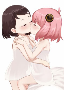 2girls anya_(spy_x_family) atg_(wttoo0202) bare_arms bare_shoulders becky_blackbell bed_sheet black_hair blush kodomo_doushi closed_eyes collarbone commentary_request dress female_focus french_kiss from_side hair_ornament highres kiss loli multiple_girls parted_lips pink_hair short_hair simple_background sitting sleeveless sleeveless_dress spy_x_family standing sweat swept_bangs white_background white_dress yuri