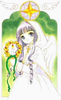 1990s_(style) 1girl blue_eyes blunt_bangs candle cardcaptor_sakura child clamp curly_hair daidouji_tomoyo drill_hair female_focus greatcoat long_hair official_art purple_hair retro_artstyle solo star_(symbol) wings