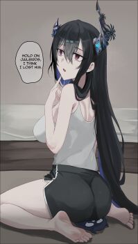 Rule 34 | 1girl, absurdres, ass, asymmetrical horns, barefoot, black hair, black shorts, blue hair, breasts, canvas sensei, colored inner hair, demon horns, dolphin shorts, english text, feet, from behind, hair between eyes, highres, hololive, hololive english, horns, index finger raised, jailbird (nerissa ravencroft), large breasts, long hair, looking to the side, mole, mole under eye, multicolored hair, nerissa ravencroft, on floor, open mouth, purple eyes, short shorts, shorts, sitting, sitting on animal, soles, speech bubble, tank top, thighs, toes, two-tone hair, uneven horns, very long hair, virtual youtuber, wariza, white tank top