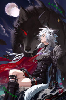 1girl animal_ears arknights arm_support black_boots black_cape black_jacket black_shorts blue_sky boots brooch cape commentary feet_out_of_frame full_moon grey_eyes grey_hair grin highres jacket jewelry knee_boots kuroda_(nanchara_flight) lappland_(arknights) lappland_the_decadenza_(arknights) long_hair long_sleeves looking_at_another moon necktie night outdoors red_cape red_necktie scar scar_across_eye scar_on_face shorts sitting sky smile solo tail two-sided_cape two-sided_fabric wolf wolf_ears wolf_tail
