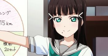 10s 2girls animated animated_gif anime_screenshot black_hair chart graph green_eyes hair_ornament hairclip kurosawa_dia kurosawa_ruby love_live! love_live!_sunshine!! mole mole_under_mouth multiple_girls pie_chart red_hair school_uniform serafuku siblings sisters two_side_up