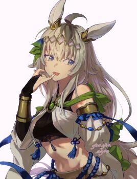 1girl ahoge alternate_costume animal_ears bare_shoulders black_shirt blue_eyes breasts bridal_gauntlets commentary_request crop_top detached_sleeves ear_ornament giragira_egao grey_hair grey_tail hair_between_eyes hair_ornament hairband highres horse_ears horse_girl horse_tail long_hair medium_breasts midriff multicolored_hair navel oguri_cap_(run_run_run!!)_(umamusume) oguri_cap_(umamusume) shirt simple_background solo tail tongue tongue_out umamusume