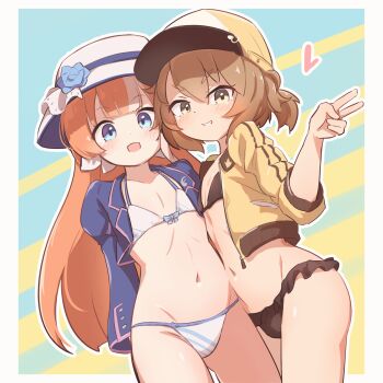 2girls :d akikawa_yayoi_(umamusume) arms_behind_back baseball_cap bikini black_bikini blue_eyes blue_jacket blush border bowler_hat brown_eyes brown_hair collarbone commentary cowboy_shot fang flat_chest flower hair_between_eyes hair_ornament hat heart highres jacket long_hair long_sleeves looking_at_viewer medium_hair multicolored_hair multiple_girls navel open_clothes open_mouth orange_hair outline rotasu_(rotasqqfv) satake_mei skin_fang smile standing streaked_hair striped_background sun_hat swimsuit umamusume v white_bikini white_border white_hair white_outline yellow_hat yellow_jacket