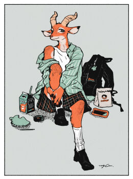 1boy animal_crossing antelope_boy antelope_ears antelope_horns backpack bag beau_(animal_crossing) black_shoes cellphone character_name closed_mouth commentary english_commentary furry furry_male green_jacket jacket looking_at_viewer male_focus nagabe nintendo notebook pencil phone shirt shoes signature sleeveless sleeveless_shirt smartphone smile socks tank_top white_shirt white_socks white_tank_top