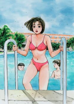 1girl 2boys armpits bare_legs bare_shoulders belly bikini bob_cut bra breasts brown_eyes brown_hair cleavage fujiwara_takumi highres initial_d medium_breasts midriff mogi_natsuki multiple_boys navel official_art panties pink_bikini pool poolside shigeno_shuuichi short_hair solo swimming swimsuit takeuchi_itsuki underwear