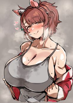 1girl :q absurdres alternate_breast_size_(larger) animal_ears breasts brown_eyes brown_hair cleavage collarbone commentary_request dantsu_flame_(umamusume) ear_covers grey_background highres horse_ears horse_girl huge_breasts jacket long_sleeves looking_at_viewer multicolored_hair naughty_face red_jacket short_hair solo steaming_body sweat tongue tongue_out tracen_training_uniform track_jacket two-tone_hair umamusume yuki_usagi_(agtd5758)