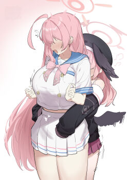 1futa 1girl absurdres ahoge black_hat black_shirt black_wings blue_archive blush bow bowtie breasts ear_blush faceless faceless_female futanari gradient_background halo hanako_(blue_archive) hat head_wings highres implied_futanari koharu_(blue_archive) large_breasts long_hair low_wings makura_u9b nose_blush off-shoulder_shirt off_shoulder open_mouth pink_bow pink_bowtie pink_hair pink_halo pleated_skirt puff_of_air red_skirt shirt short_sleeves skirt sleeves_past_fingers sleeves_past_wrists very_long_hair white_background white_shirt white_skirt wings