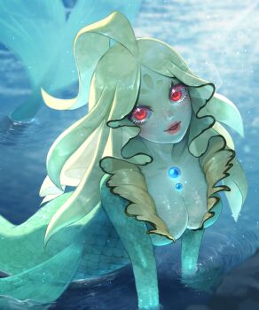 1girl black_sclera blonde_hair boraiolet breasts cleavage colored_sclera colored_skin commentary gem highres large_breasts league_of_legends long_hair looking_at_viewer merfolk mermaid monster_girl nami_(league_of_legends) open_mouth red_eyes shiny_skin smile solo water