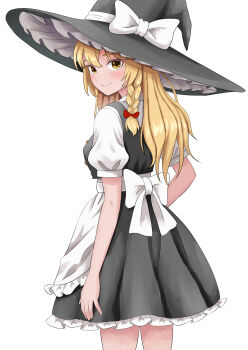 1girl absurdres apron back_bow black_hat black_skirt black_vest blonde_hair bow braid closed_mouth commentary_request frilled_apron frilled_skirt frills hair_bow hat hat_bow highres kirisame_marisa kiyo_(tomoki6107) looking_at_viewer petticoat puffy_short_sleeves puffy_sleeves short_sleeves side_braid simple_background single_braid skirt smile solo touhou vest waist_apron white_background white_bow witch_hat yellow_eyes