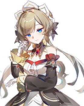 1girl bare_shoulders blue_eyes breasts brown_hair chinese_commentary closed_mouth commentary_request detached_sleeves dress ganxiaoning genshin_impact gloves highres long_hair long_sleeves looking_at_viewer sandrone_(genshin_impact) simple_background solo white_background white_dress white_gloves