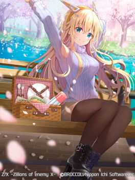 1girl aqua_eyes arm_behind_head arm_up black_shoes blonde_hair blue_sweater bottle brown_pantyhose brown_skirt chair cherry_blossoms closed_mouth copyright_notice fork hair_ornament hairband knife long_hair official_art on_chair orange_hairband outdoors pantyhose picnic_basket pink_petals plate ribbed_sweater rigel_(z/x) serino_itsuki shoes sitting skirt solo sweater turtleneck turtleneck_sweater water_bottle z/x