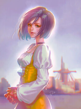 Rule 34 | 1girl, black choker, black hair, bodysuit, breasts, choker, closed mouth, commentary request, cowboy shot, crystal, final fantasy, final fantasy ix, garnet til alexandros xvii, gloves, hair between eyes, highres, jewelry, juliet sleeves, light smile, long sleeves, looking at viewer, medium breasts, orange bodysuit, own hands together, pendant, puffy sleeves, red gloves, shirt, short hair, solo, tdsuke, white shirt