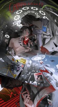 Rule 34 | 1girl, 2boys, absurdres, android, bad multiple views, black eyes, black hair, blood, blood on hands, blue eyes, blush, building, cable, city, cityscape, clenched teeth, closed eyes, closed mouth, commission, crying, crying with eyes open, english text, gloves, glowing, hair ornament, hairclip, halo, hand on another's stomach, heart (organ), highres, holding, jacket, laboratory, leaf, long hair, looking at another, looking down, male focus, mau sakura, mechabare, multiple boys, multiple views, open mouth, original, plant, purple hair, purple scarf, robot, scarf, short hair, sign, sitting, skeb commission, sky, stairs, standing, tears, teeth, topless male, wanted poster, warning sign, white jacket