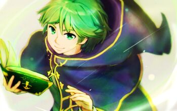1boy backlighting book closed_mouth commentary_request fire_emblem fire_emblem_heroes green_eyes green_hair hijikimon2mon holding holding_book hood hood_down looking_at_viewer male_focus merric_(fire_emblem) nintendo short_hair simple_background smile solo upper_body