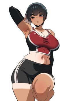 1girl armpits black_eyes black_hair breasts highres in_(ain) large_breasts looking_at_viewer navel original short_hair simple_background solo tan tanline tomboy white_background