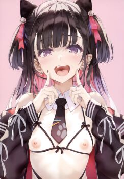 1girl absurdres animal_ear_hairband animal_ears bell black_hair black_jacket black_nails black_necktie blunt_bangs bra breasts cat_ear_hairband cat_ears colored_inner_hair cupless_bra detached_collar ear_piercing earrings fake_animal_ears fangs fingers_to_cheeks hair_bell hair_ornament hair_ribbon hairband highres jacket jacket_partially_removed jewelry jingle_bell light_blush long_hair looking_at_viewer misaki_kurehito multicolored_hair multiple_rings nail_polish necktie nipples open_mouth original piercing pink_background pink_hair pink_ribbon purple_eyes ribbon ring scan short_necktie simple_background small_breasts solo teeth tongue two_side_up underwear upper_body upper_teeth_only