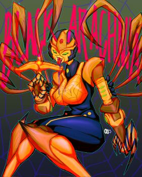 alien arthropod_girl arthropod_limbs beast_wars beast_wars:_transformers blackarachnia boots breasts fangs green_eyes highres humanoid_robot insect_girl knee_boots large_breasts looking_at_viewer predacon robot sitting spider_girl thick_thighs thighs transformers