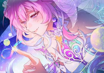 Rule 34 | 1girl, amphoreus (honkai: star rail), bare shoulders, breasts, bridal veil, commentary request, cyrene (demiurge) (honkai: star rail), cyrene (honkai: star rail), earrings, highres, honkai: star rail, honkai (series), jewelry, korean commentary, large breasts, long hair, marimong 1096, mobius strip, multicolored hair, pink hair, planet, pointy ears, purple eyes, smile, solo, space, two-tone hair, veil, very long hair, white hair