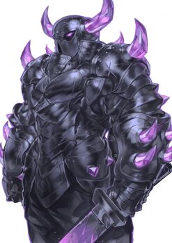 1boy armor clash_of_clans clash_royale commentary english_commentary fake_horns full_armor gauntlets helm helmet highres holding holding_sword holding_weapon horns knight male_focus nameno92372763 p.e.k.k.a plate_armor purple_eyes shoulder_armor sword weapon