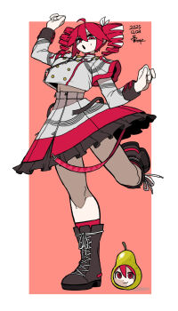 1girl black_boots bone_nigi boots border bow breasts buttoned_cuffs buttons crop_top dated drill_hair food frilled_skirt frills fruit gold_buttons grey_shirt grey_skirt hair_between_eyes highres kasane_teto kasane_teto_(sv) medium_breasts midriff open_mouth pear pearto pleated_skirt red_background red_eyes red_hair red_skirt red_socks shirt signature simple_background skirt socks sweatdrop synthesizer_v thighs twin_drills utau white_border white_bow zipper