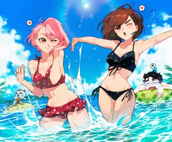1boy 2girls armpits ayase_momo bikini bikini_skirt black_bikini black_hair blue_sky blush breasts brown_eyes brown_hair cat cesar_art456 closed_eyes closed_mouth cloud commentary_request cowboy_shot dandadan day earrings front-tie_bikini_top front-tie_top glasses heart highres innertube jewelry large_breasts lens_flare mr._mantis_shrimp multiple_girls ocean one_eye_closed open_mouth outdoors outstretched_arms partially_submerged pink_eyes pink_hair polka_dot polka_dot_bikini red_bikini round_eyewear shiratori_aira_(dandadan) short_hair side-tie_bikini_bottom simple_bird sky smile spanish_commentary speech_bubble splashing spoken_heart spoken_x spread_arms standing sun swim_ring swimsuit takakura_ken_(dandadan) turbo_granny_(dandadan) ufo wading water water_drop wet