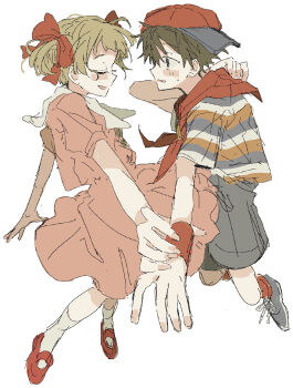 1boy 1girl absurdres ana_(mother) baseball_cap black_hair blonde_hair blue_shoes blue_shorts blush bow closed_eyes commentary_request couple dress floating_clothes full_body hair_bow hat hetero highres holding_another's_wrist mary_janes midair mother_(series) mother_1 neckerchief ninten nintendo pink_dress red_bow red_hat red_neckerchief red_shoes shoes short_twintails shorts sideways_hat socks twintails wa_noko white_socks