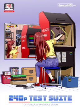 1girl arcade_cabinet back_peek belt black_belt black_gloves blue_pants blueprint_(object) box breasts brown_eyes cable cardboard_box clothes_writing commentary container cover crt denim donna_(jose_salot) english_commentary english_text eyelashes facing_away fine_art_parody from_behind full_body game_console glasses gloves gradient_background heel_up highres indoors jeans jose_salot leaning_forward long_hair looking_at_object masking_tape medium_breasts mirror neo_geo on_stool original pants paper parody poster_(object) purple_background rectangular_eyewear red_hair red_shoes reflection repairing screwdriver second-party_source shirt shoes short_sleeves sitting sneakers solo sticker stool t-shirt test_card tools triple_self-portrait_(norman_rockwell) watermark web_address wooden_floor work_gloves working yellow_shirt