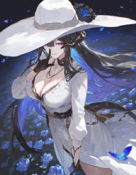 1girl arm_at_side bellmod3 belt belt_around_waist black_belt black_collar black_flower black_gloves black_hair black_horns black_tail blue_flower blue_hair blue_petals blurry blurry_foreground bracelet breasts bug butterfly buttons chain cleavage clothing_cutout collar colored_inner_hair constance_(honkai:_star_rail) cowboy_shot curvy demon_girl demon_tail depth_of_field double-parted_bangs dress earrings evil_grin evil_smile floating_hair flower from_above gem gloves gold_belt gold_bracelet gold_chain gold_earrings gold_horns gold_necklace gold_ring gradient_hair grin hair_between_eyes hair_over_shoulder hand_up hat highres holding holding_flower honkai:_star_rail honkai_(series) horns index_finger_raised insect jewelry large_breasts long_hair long_sidelocks looking_at_viewer low_horns mature_female mole mole_under_eye multicolored_hair multicolored_horns multiple_rings necklace nose pale_skin pearl_(gemstone) purple_eyes raised_eyebrows red_gemstone ribbon ring side_slit sidelocks smile solo standing straight_hair sun_hat tail tail_ornament tail_through_clothes tassel thick_thighs thigh_strap thighs three-quarter_sleeves two-tone_hair two-tone_horns very_long_hair white_dress white_hat white_ribbon