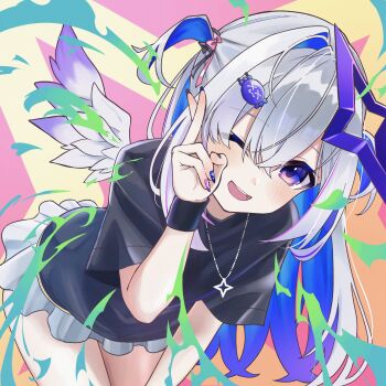 123haruno_oto 1girl abstract_background amane_kanata black_shirt blue_eyes blue_hair bow colored_inner_hair commentary_request cowboy_shot double-parted_bangs fingernails from_above gradient_eyes grey_hair grey_skirt hair_between_eyes hair_bow hair_ornament halo hand_up highres hololive jewelry leaning_forward long_bangs looking_at_viewer looking_up low_wings miniskirt multicolored_eyes multicolored_hair multicolored_nails nail_polish necklace one_eye_closed one_side_up open_mouth pink_hair shirt short_sleeves skirt smile solo star_halo t-shirt virtual_youtuber wings wristband