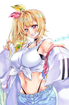 1girl armpits ben-day_dots black_choker black_panties blonde_hair blue_shorts blush bow breasts center-flap_bangs choker commentary_request denim denim_shorts eyelashes front-tie_top grin hair_bow hair_ornament hand_up heterochromia highleg highleg_panties highres holding holding_own_hair hoshikawa_sara hoshikawa_sara_(1st_costume) jacket large_breasts long_hair looking_at_viewer multicolored_nails nail_polish navel nijisanji open_clothes open_jacket panties panty_straps pendant_choker pink_bow pink_nails purple_eyes screentones shorts side_ponytail single_bare_shoulder single_off_shoulder sleeves_past_fingers sleeves_past_wrists smile solo stomach takanashi_ringo tank_top two-tone_bow underwear upper_body very_long_hair virtual_youtuber white_background white_jacket white_tank_top x_hair_ornament yellow_bow yellow_eyes yellow_nails
