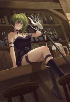 1girl absurdres beer_mug black_boots black_dress black_gloves boots bottle breasts closed_mouth cup dress gloves green_hair highres indoors kaisekan medium_breasts medium_hair mug on_table polearm purple_eyes side_ponytail single_glove smile solo sousou_no_frieren stool table tavern thigh_strap ubel_(sousou_no_frieren) weapon wooden_cup