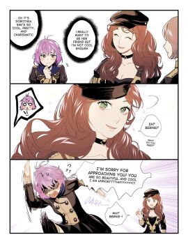 3girls bernadetta_von_varley black_headwear breasts brown_hair choker cleavage closed_eyes closed_mouth comic darkgreyclouds dorothea_arnault english_text fire_emblem fire_emblem:_three_houses garreg_mach_monastery_uniform green_eyes grey_eyes hat highres hood hood_down long_hair long_sleeves multiple_girls nintendo open_mouth purple_hair short_hair smile