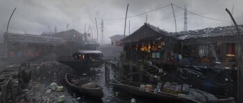 boat building canal commentary day english_commentary highres house no_humans original outdoors overcast photorealistic pier power_lines rain realistic scenery sky stairs transmission_tower trash unused_tire variant_set watercraft yamadera_kei
