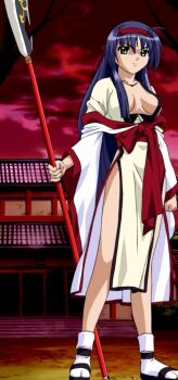 1girl amaterasu_(izumo) blue_hair breasts cleavage clenched_hand feet hairband highres izumo japanese_clothes jewelry large_breasts legs long_hair looking_at_viewer miko naginata necklace no_bra polearm seductive_smile smile socks solo stitched thighs third-party_edit weapon