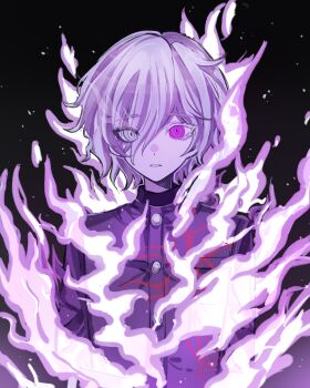 Rule 34 | 1boy, absurdres, arms behind back, black jacket, breast pocket, burning, buttons, chinese commentary, colored eyelashes, commentary request, eyelashes, eyes visible through hair, fire, flaming eye, hair over one eye, highres, jacket, long sleeves, looking at viewer, male focus, pink eyes, pocket, qiu tu, shion (hundred line), solo, the hundred line -last defense academy-, upper body, white eyes, white fire, white hair