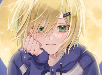 1boy backlighting blonde_hair bloom blue_hood blue_sleeves blush clenched_hand closed_mouth drawstring green_eyes hair_intakes hair_ornament hair_over_one_eye hairclip hand_on_own_cheek hand_on_own_face head_rest highres hood hood_down hoodie long_sleeves looking_at_viewer male_focus moon nijisanji no_headwear no_jacket o_k0915 portrait print_hoodie raglan_sleeves short_hair sleeves_past_wrists solo uzuki_kou uzuki_kou_(5th_costume) virtual_youtuber white_hoodie wolf_cut