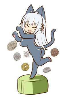 1girl :3 alternate_breast_size_(larger) animal_ears ass black_ribbon blush_stickers bodysuit cat_ears cat_girl cat_tail closed_eyes coin commentary_request full_body grey_bodysuit grey_hair highres itini-sanshi long_hair neck_ribbon open_mouth paw_pose ribbon rozen_maiden simple_background solo suigintou tail white_background