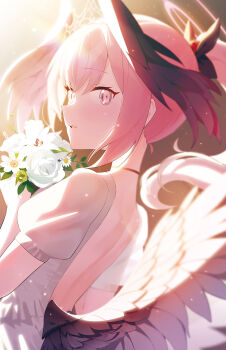1girl backless_dress backless_outfit bare_back black_wings blue_archive blush bouquet commentary_request dress feathered_wings flower from_side halo head_wings highres holding holding_bouquet koharu_(blue_archive) long_hair low_wings nasan_(coldtime) parted_lips pink_eyes pink_hair pink_halo ponytail short_sleeves sidelocks smile solo white_dress white_flower wings