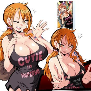 +++ 1girl absurdres bag bare_shoulders black_dress black_panties breasts brown_eyes cleavage collarbone commentary dress earrings english_commentary hair_ornament hair_scrunchie heart highres holding holding_panties holding_strap holding_underwear holding_unworn_clothes jewelry large_breasts lewdamone long_hair looking_at_viewer low_twintails multiple_views nami_(one_piece) official_alternate_costume official_alternate_hairstyle one_eye_closed one_piece open_mouth orange_hair panties pink_scrunchie reference_inset scrunchie short_dress shoulder_bag shoulder_tattoo single_sidelock spaghetti_strap stud_earrings tattoo tongue tongue_out twintails underwear upper_body waving wavy_hair white_background