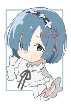 1girl absurdres auhuheben17 blue_eyes blue_hair cropped_shoulders from_above hair_ornament hair_over_one_eye highres maid maid_headdress re:zero_kara_hajimeru_isekai_seikatsu rem_(re:zero) roswaal_mansion_maid_uniform short_hair solo x_hair_ornament
